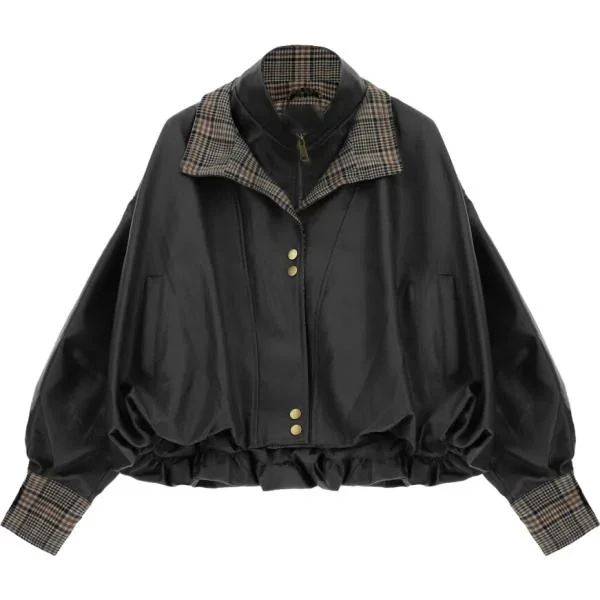 Bomber in pelle nera con collo a quadri