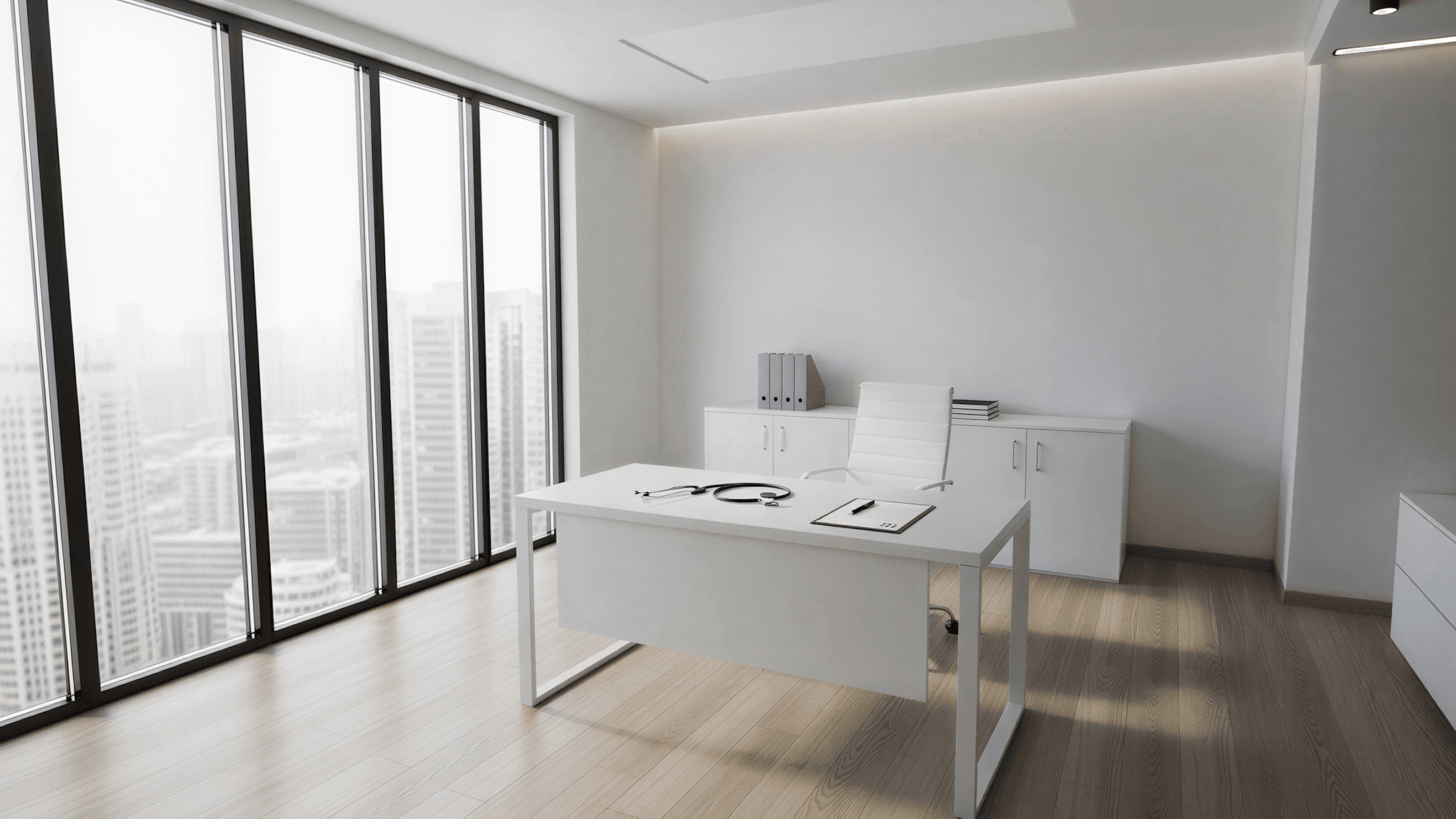 Modern office interior with large windows, minimalistic furniture, and wooden flooring. Bright, spacious, and stylish.