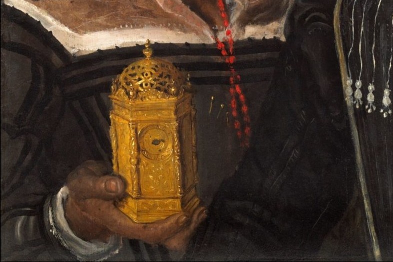 Annibale Carracci (attributed) (Italian, 1560–1609). Portrait of an African Woman Holding a Clock, c. 1583/85. Oil on canvas; 60 x 39.5 cm (23 ¾ x 15 ½ in). Abu Dhabi, United Arab Emirates: Louvre Abu Dhabi. Source: Tomasso Brothers
