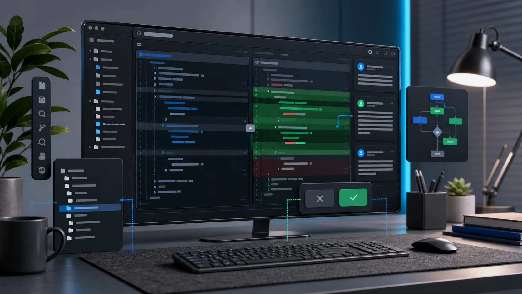 Editor-first AI coding workspace with code diffs, file navigation, and review panels