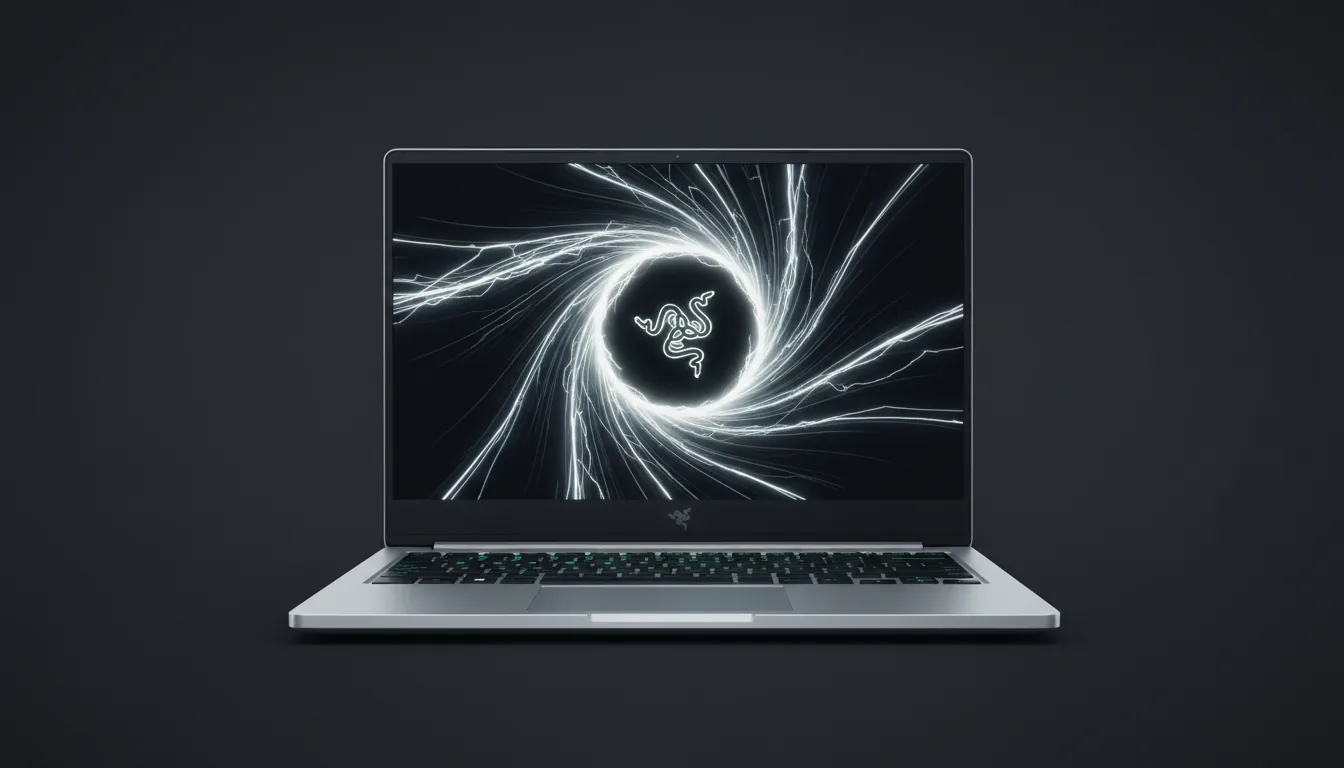 3D render of a sleek, silver Razer laptop, professional product shot, centered against a dark studio backdrop. Soft global illumination highlights the matte aluminum chassis. The laptop is open, viewed from the front, with its screen displaying a bright, abstract wallpaper of white light streaks radiating from a central stylized snake logo. Clean, minimalist aesthetic, sharp focus on the hardware.