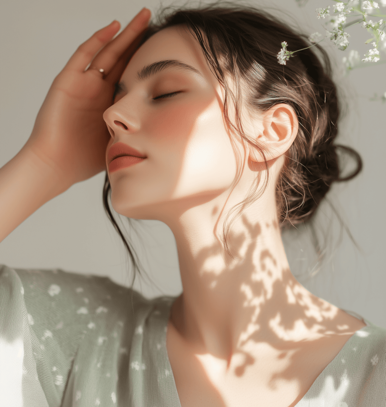 Close-up of a young woman with her eyes closed, hand gently resting on her forehead. Sunlight casts shadows on her face and neck.