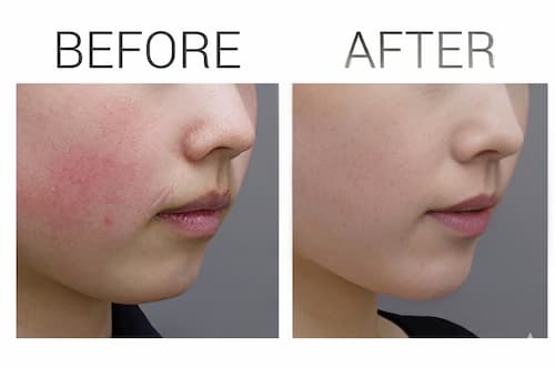 フェイシャル施術のBEFOREとAFTER。施術後の頬の赤みが落ち着き、キメの整った滑らかなお肌へ