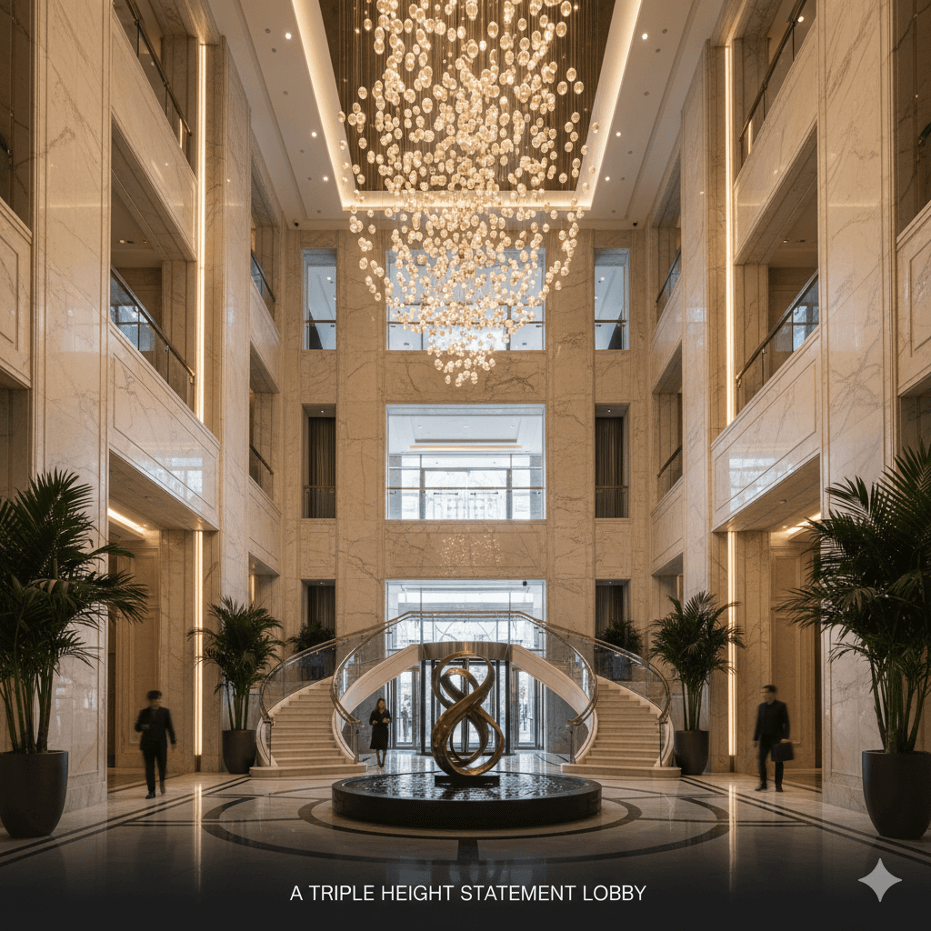 M3M Gurugram luxury triple height lobby with grand chandelier
