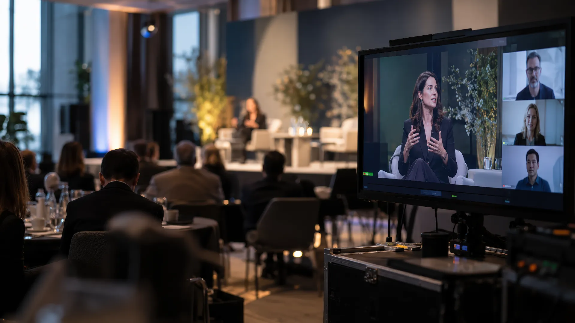 Broadcast monitor showing a live hybrid event with remote participants, alongside an in-person audience and softly focused conference stage.