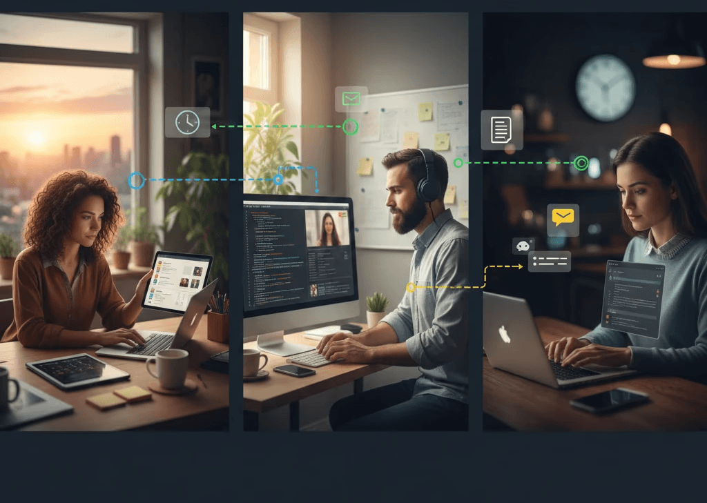 Remote team collaborating asynchronously across different time zones efficiently.