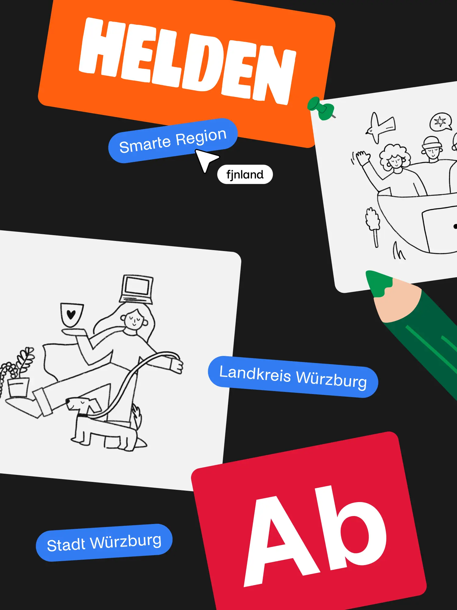 Moodboard-Collage mit Labels Smarte Region, Landkreis Würzburg, Stadt Würzburg und Heldenhelfer-Branding.