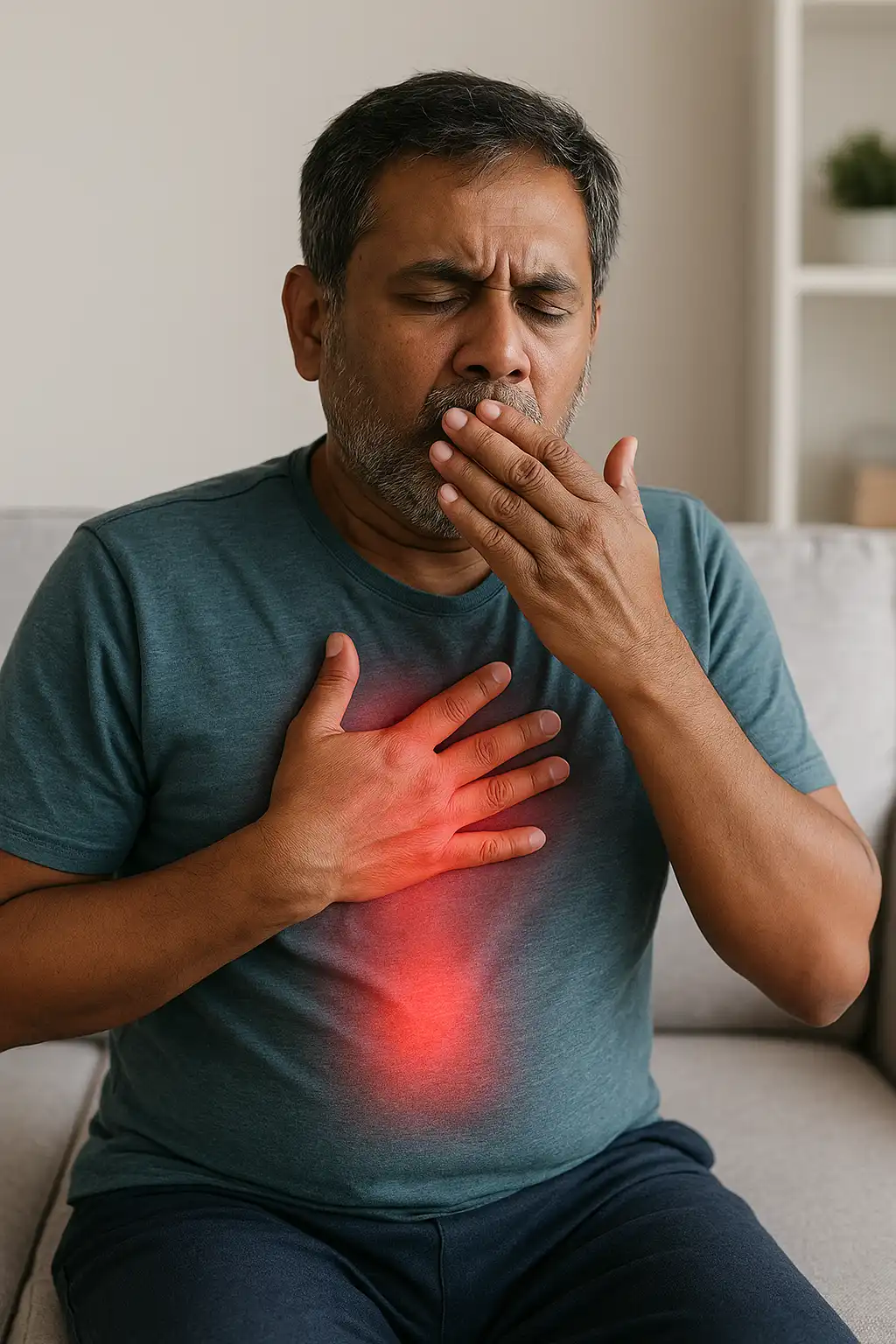 Post-COVID breathing weakness – man struggling with chest tightness and shortness of breath, showing respiratory fatigue and the need for pulmonary physiotherapy.