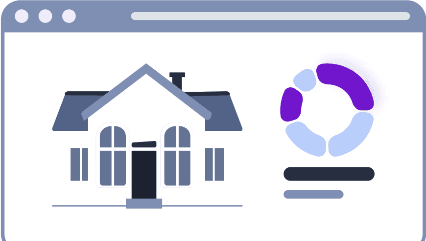 Graphic depicting a home icon and a circular chart to represent data analysis or statistics.