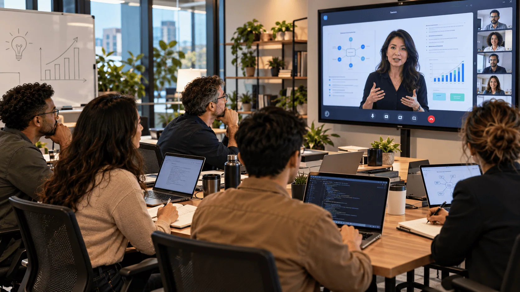 Alunos de pós em IA (pós-graduação em inteligência artificial) participam de uma aula ao vivo, acompanhando uma professora que apresenta aplicações práticas de inteligência artificial em uma tela