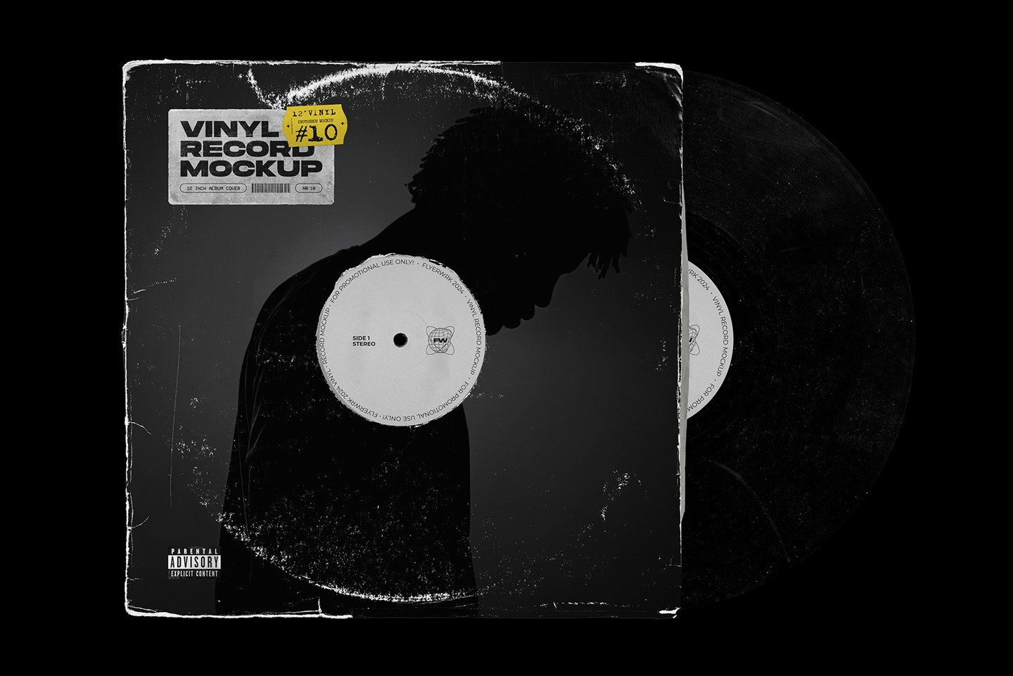 Realistic vinyl record mockup showing worn album cover and partially visible vinyl