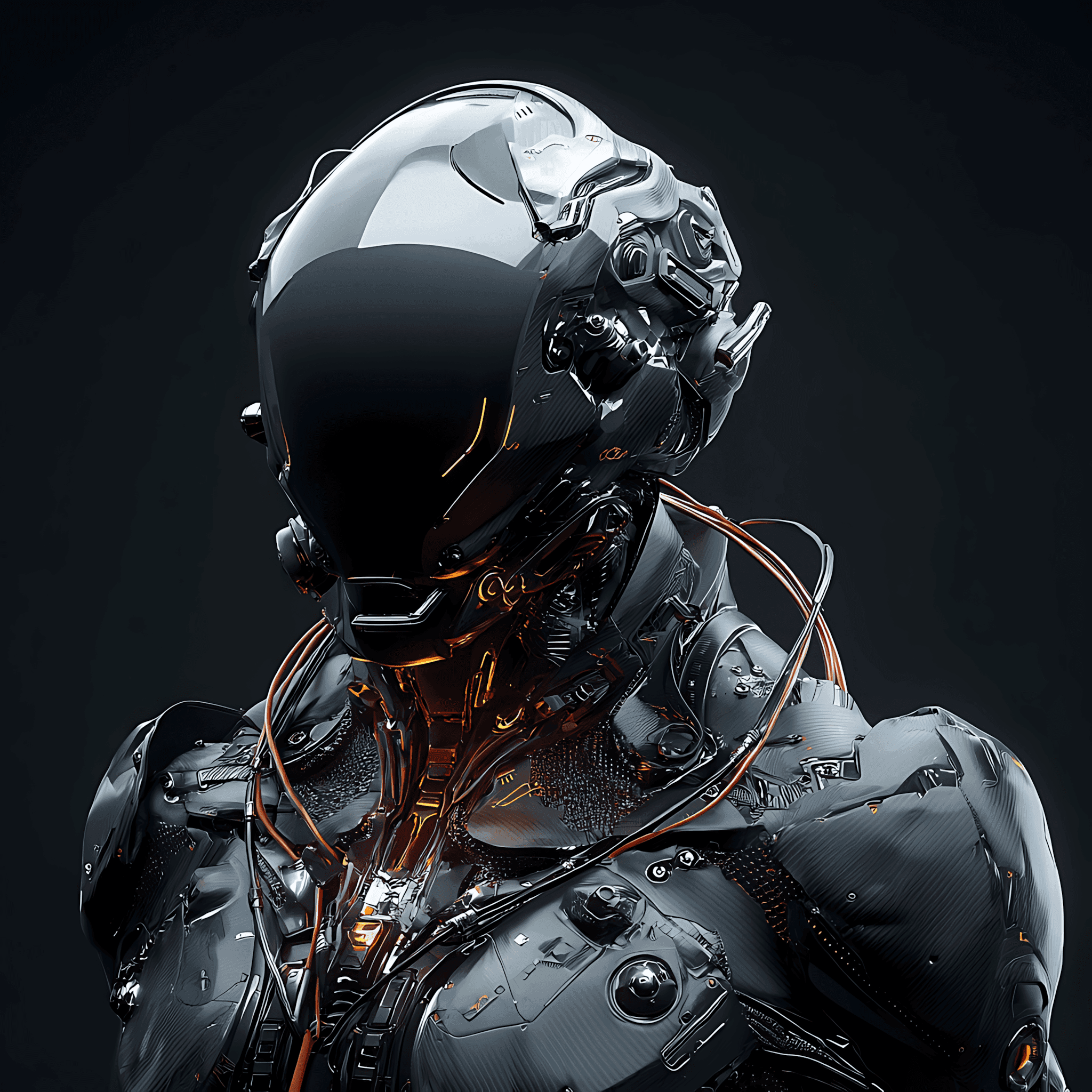 A high-resolution 3D render of a futuristic android's head and chest, with glowing orange accents on its sleek, metallic body