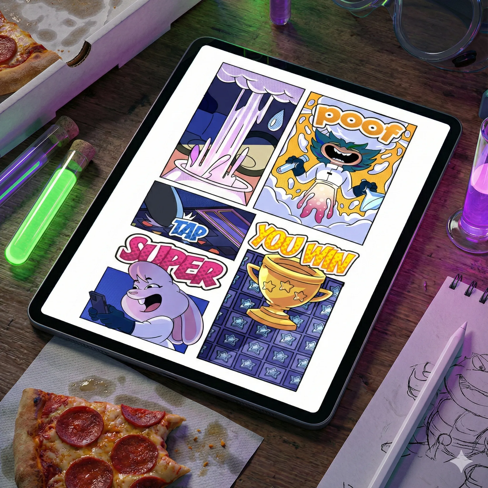 Comic panel of TMNT on a tablet.