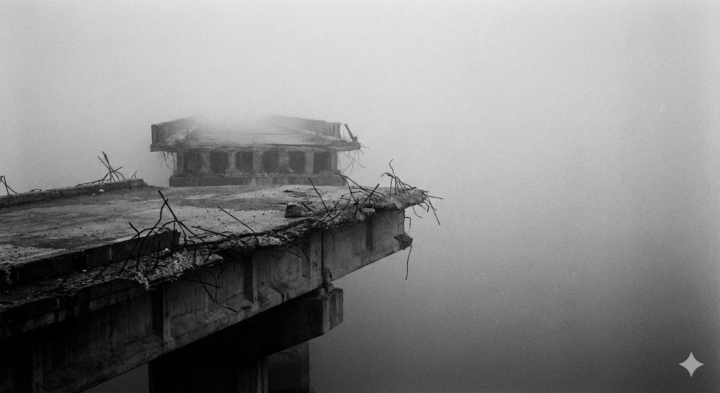 a bridge that abruptly stops in the middle of a foggy void