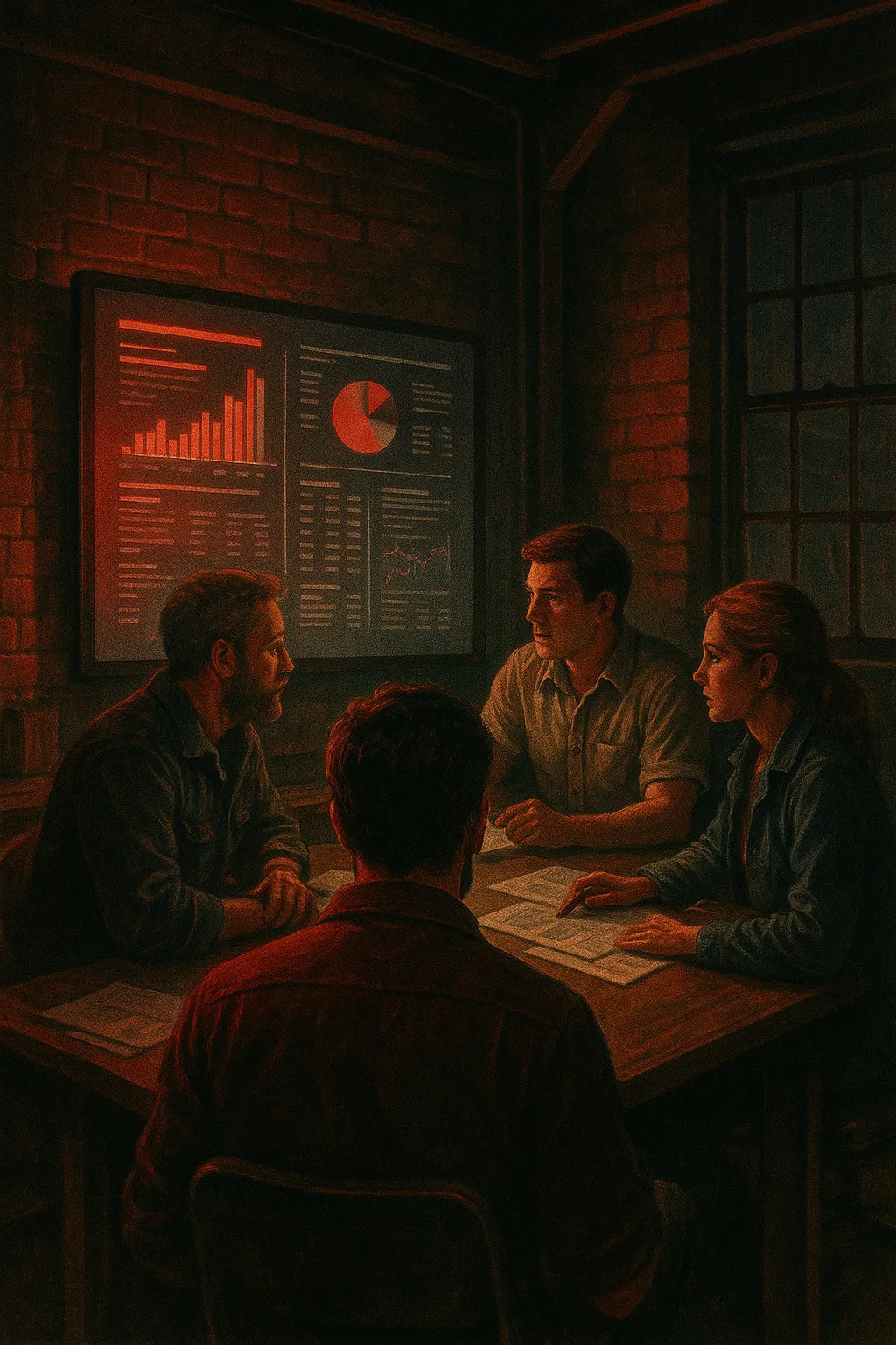 RockN' Socials team strategizing in a dimly lit meeting room at a digital marketing agency.