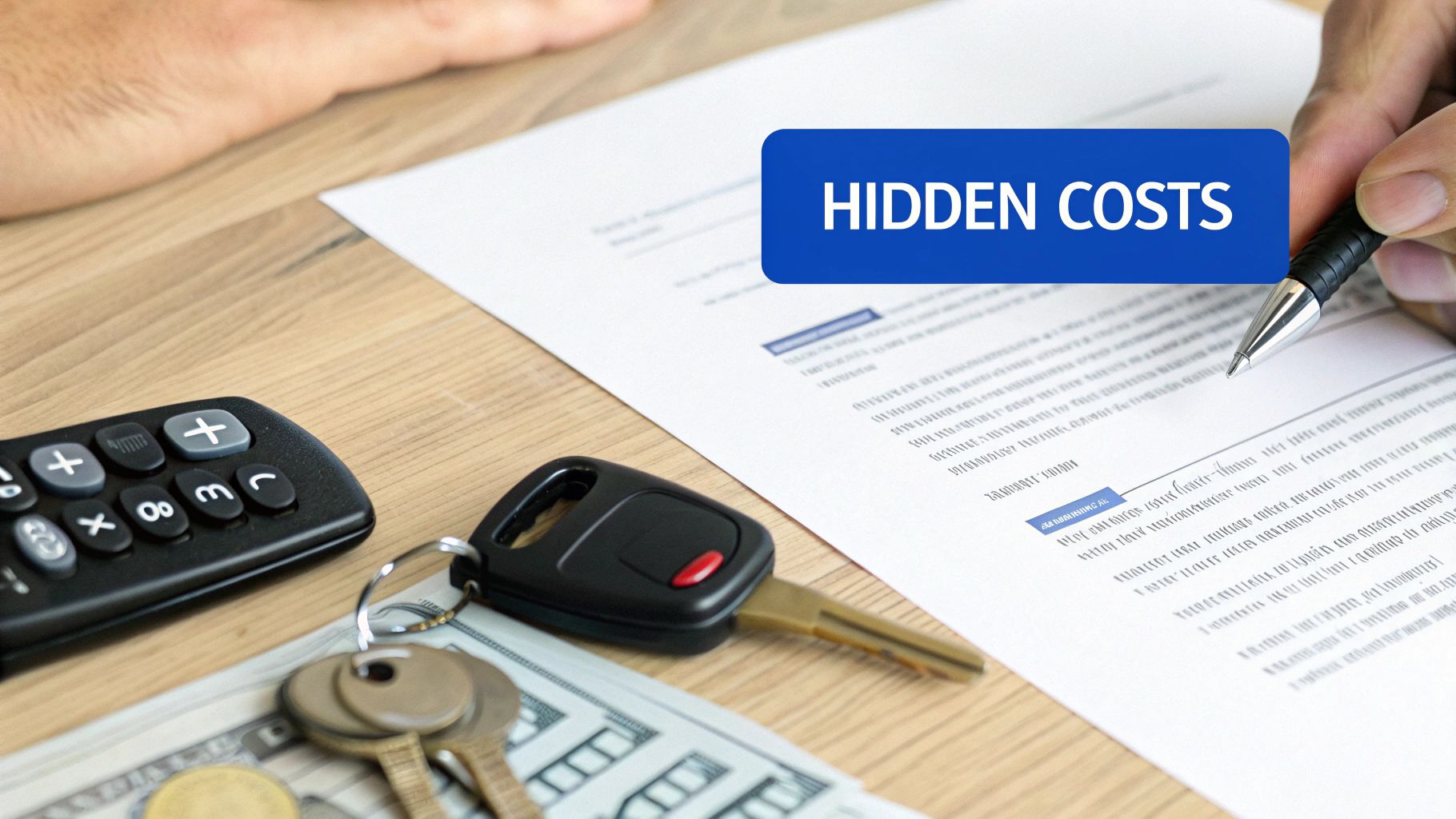 A hand signing a document next to a calculator, car keys, money, and 'Hidden Costs'.