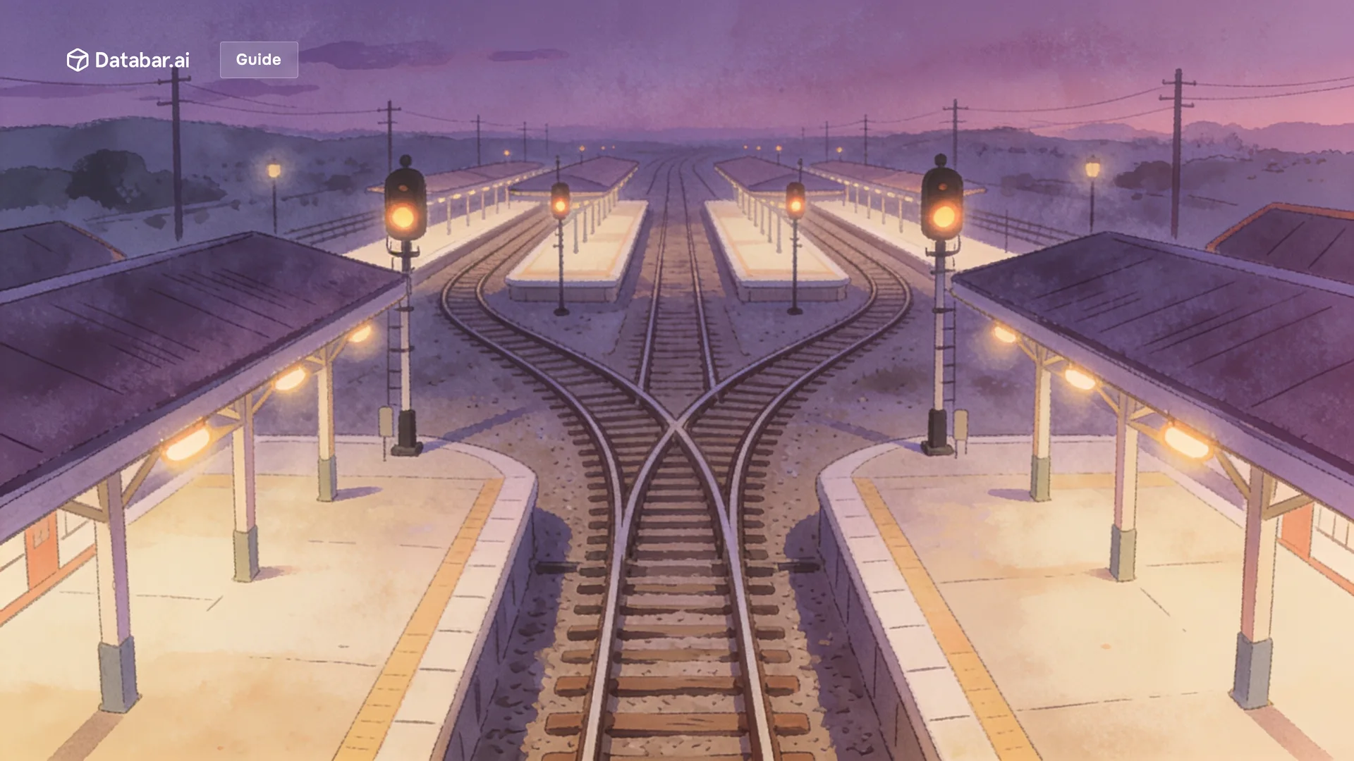 Lead routing, illustrated as a rail junction at dusk where one incoming line fans out into several platforms under lit signals