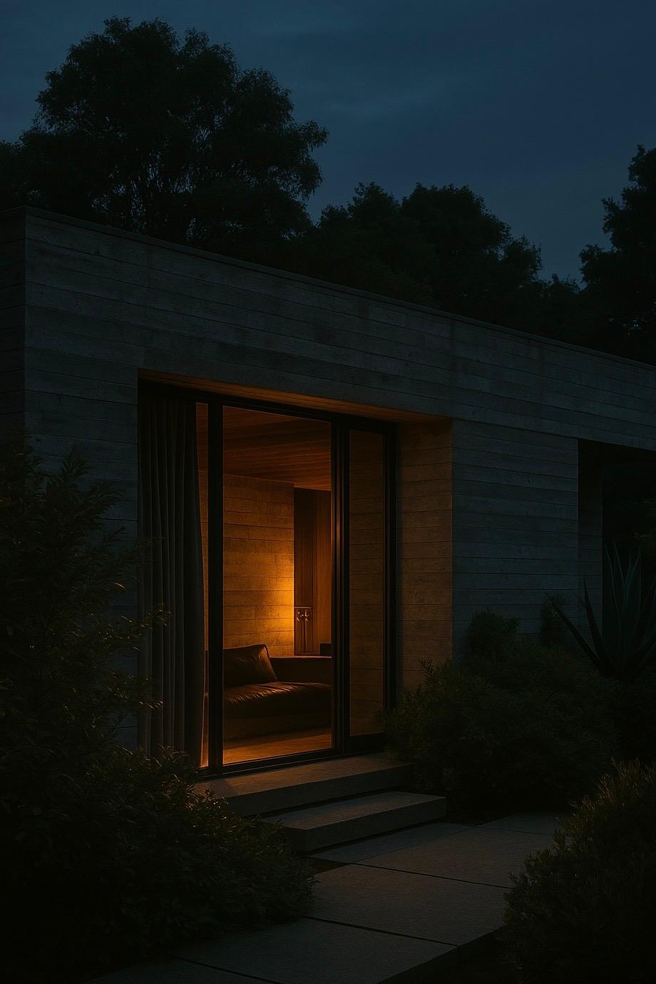 Sensual interior with velvet curtains, tactile concrete and warm light — contemplative moment in modern Belgian residence by ODA