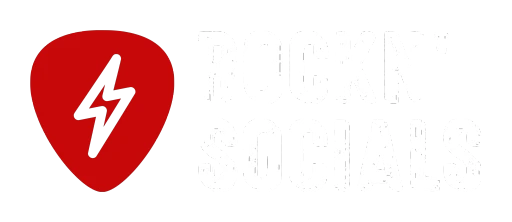 Rockn' Socials logo with a red guitar pick featuring a black lightning bolt on the left, and bold, distressed white text reading 'ROCKN' SOCIALS' on the right, set against a transparent background.