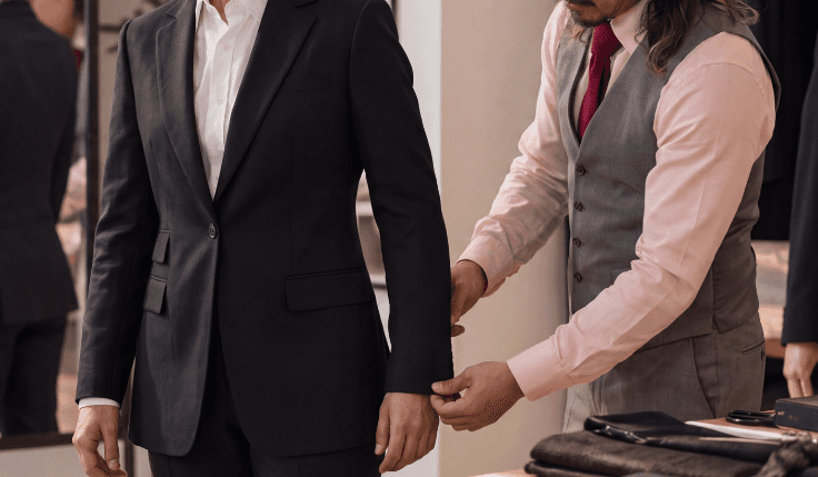 Tailor adjusting the fit of a masculine custom suit during a fitting