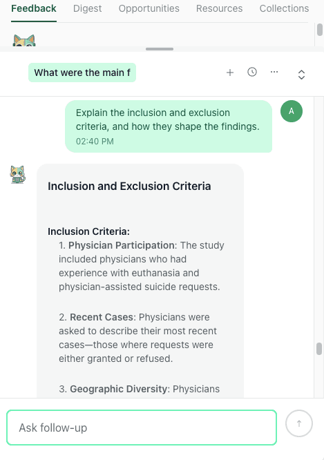 An AI chat interface explaining the inclusion and exclusion criteria of a study, including physician participation and geographic diversity.
