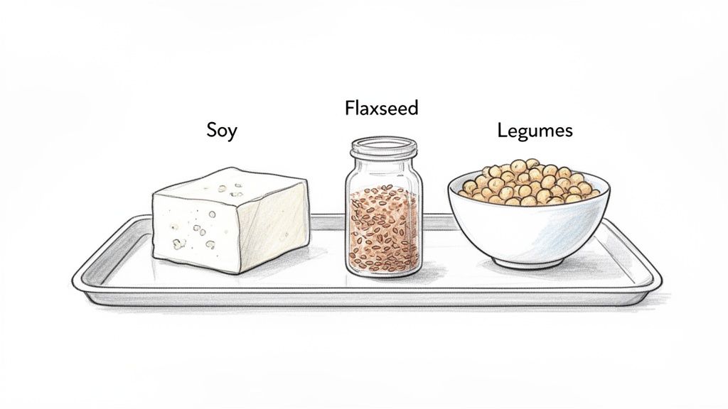 An illustration of a tray holding a block of soy (tofu), a jar of flaxseed, and a bowl of legumes.