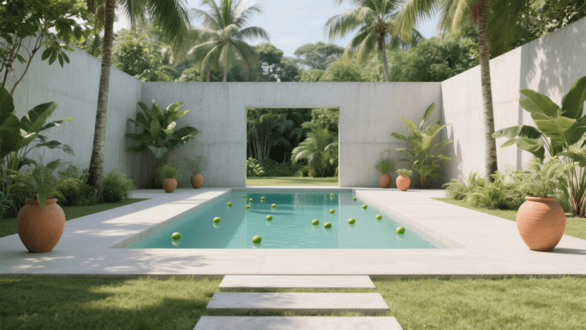Modern courtyard pool with minimalist landscaping and lounge area.