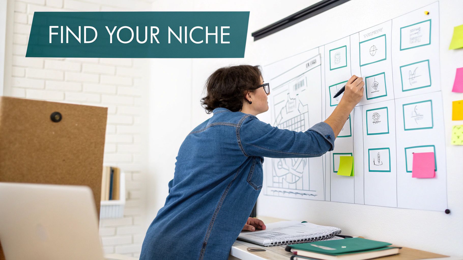 A woman in a denim shirt brainstorming ideas on a whiteboard with sketches and sticky notes, with the text 'FIND YOUR NICHE'.