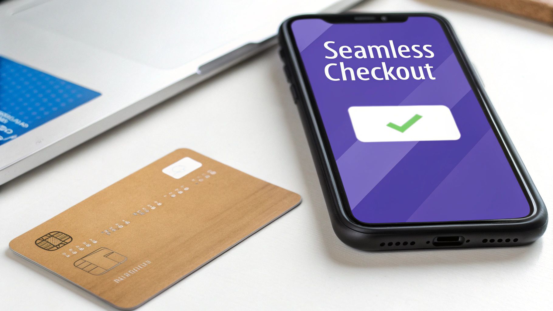 A smartphone displays 'Seamless Checkout' with a green checkmark next to a credit card, symbolizing easy online payment.