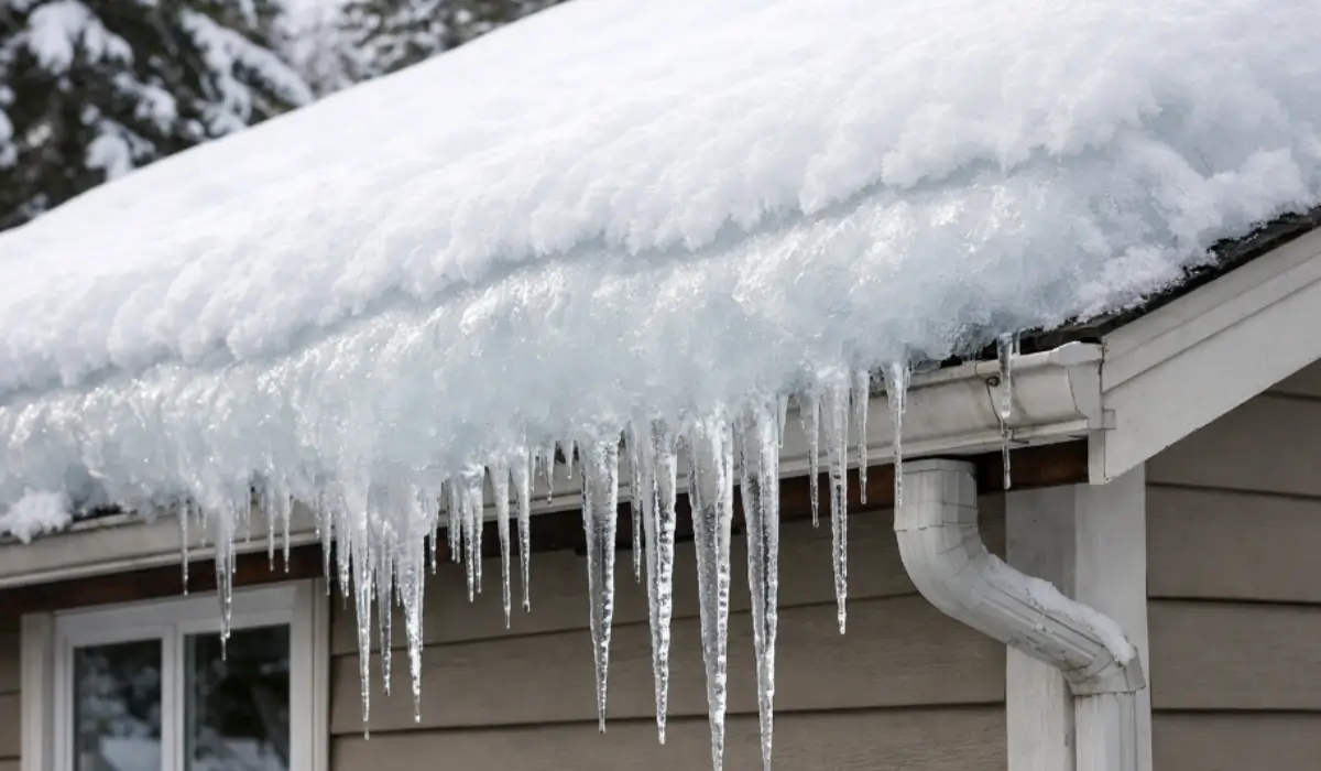 Ice dams with icicles forming on roof edge in Burr Ridge, causing potential water and structural damage. 