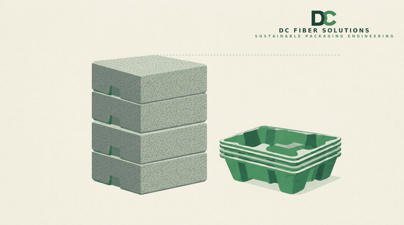 Illustration of a tall stack of EPS foam blocks next to a much lower stack of the same number of nested molded fiber trays.