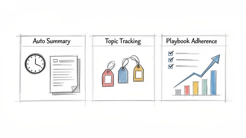 Hand-drawn concepts illustrating auto summary, topic tracking, and playbook adherence features.