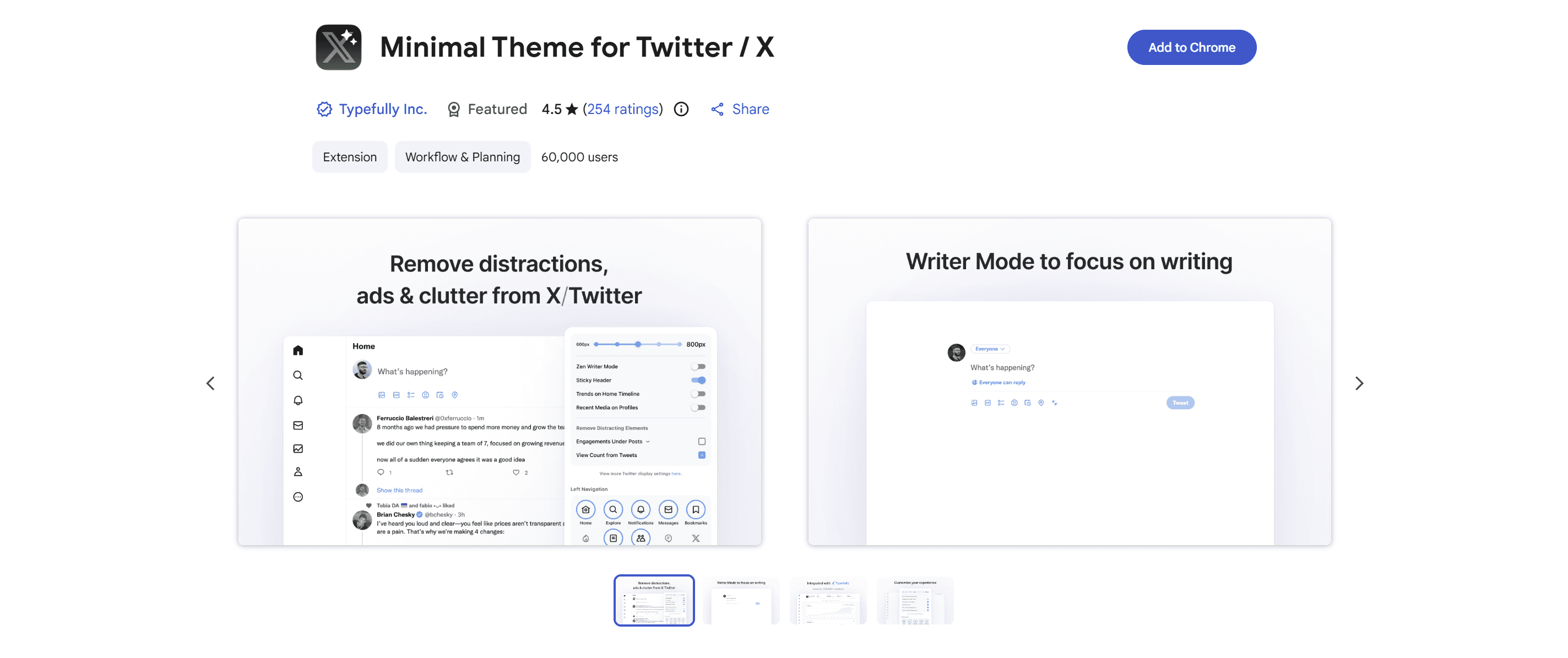Minimal Theme for X (by Typefully) extension listing on the Chrome Web Store