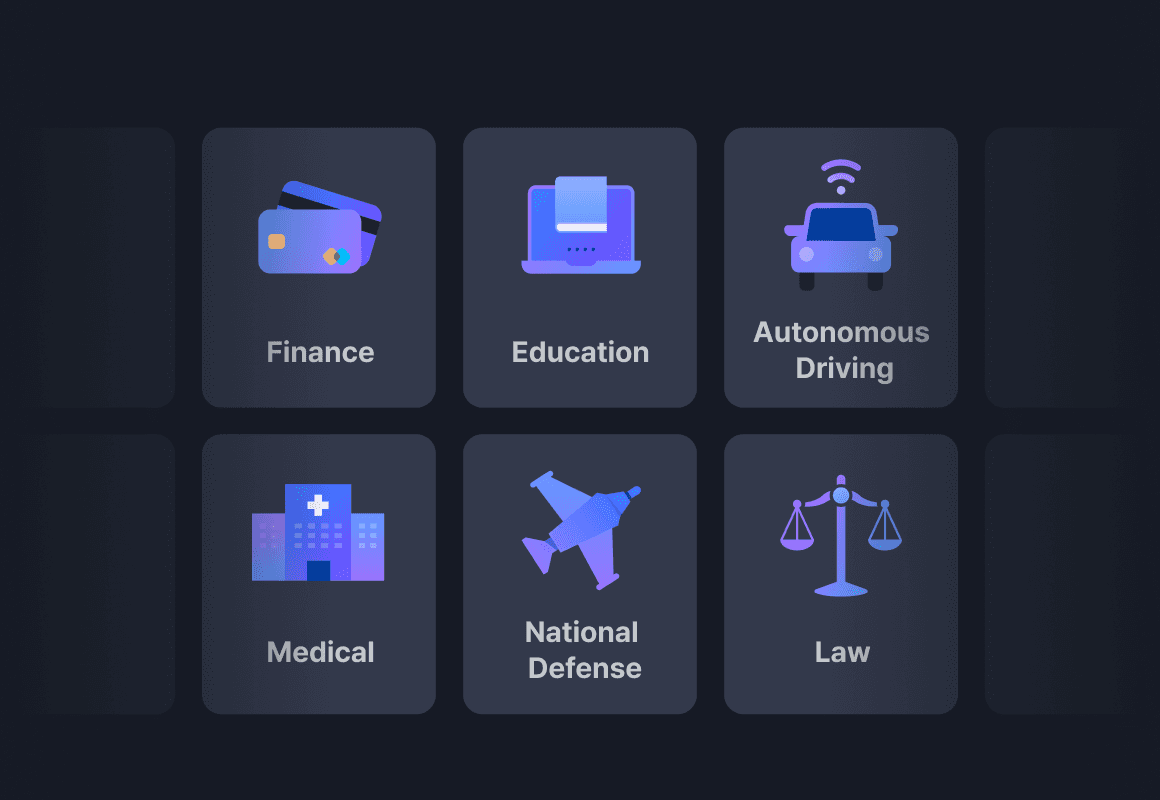 Six icon images representing the fields of finance, education, autonomous driving, healthcare, defense, and law.