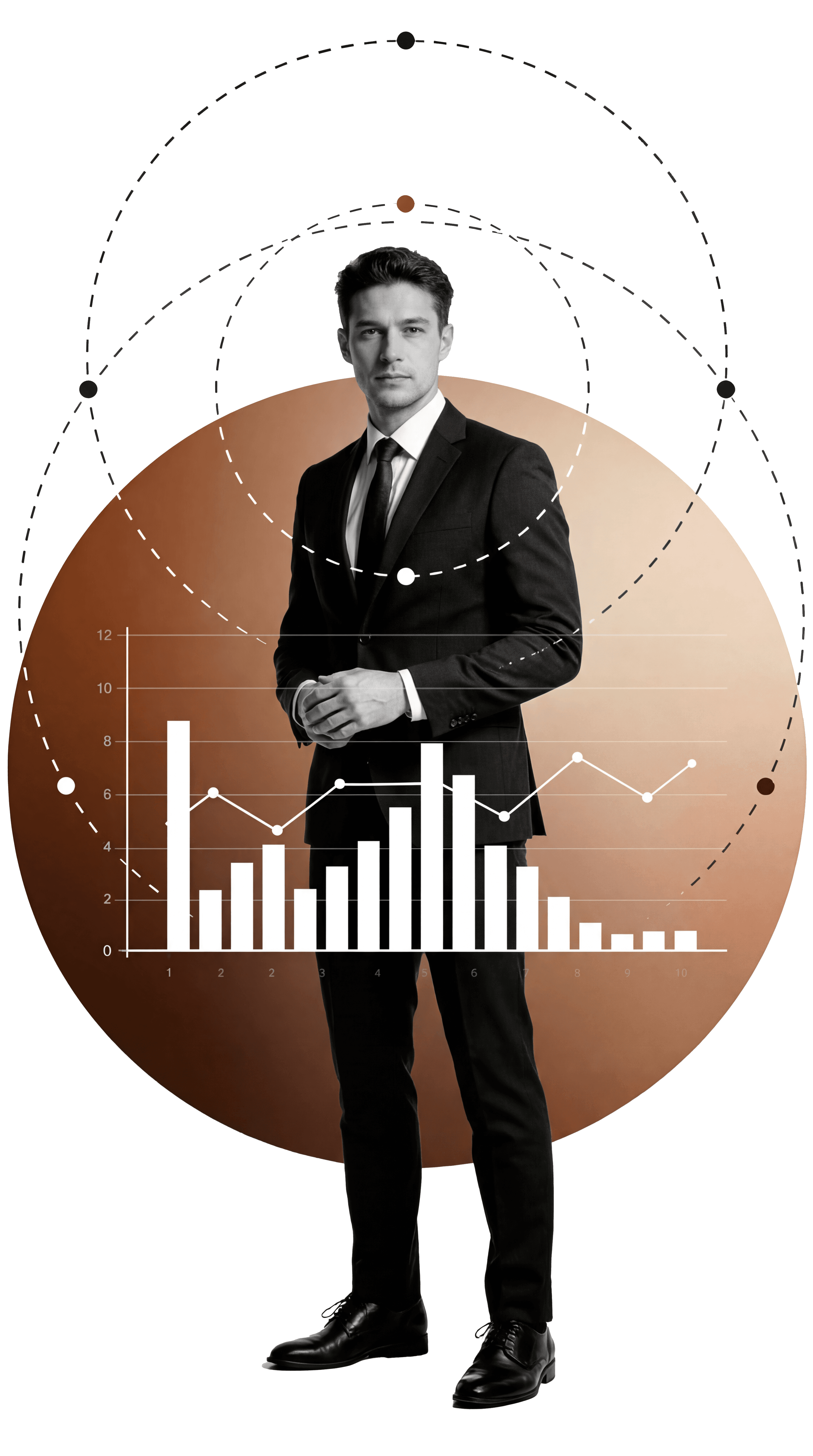 Business professional standing confidently with overlaid financial charts and data visuals representing online MBA studies from LBS
