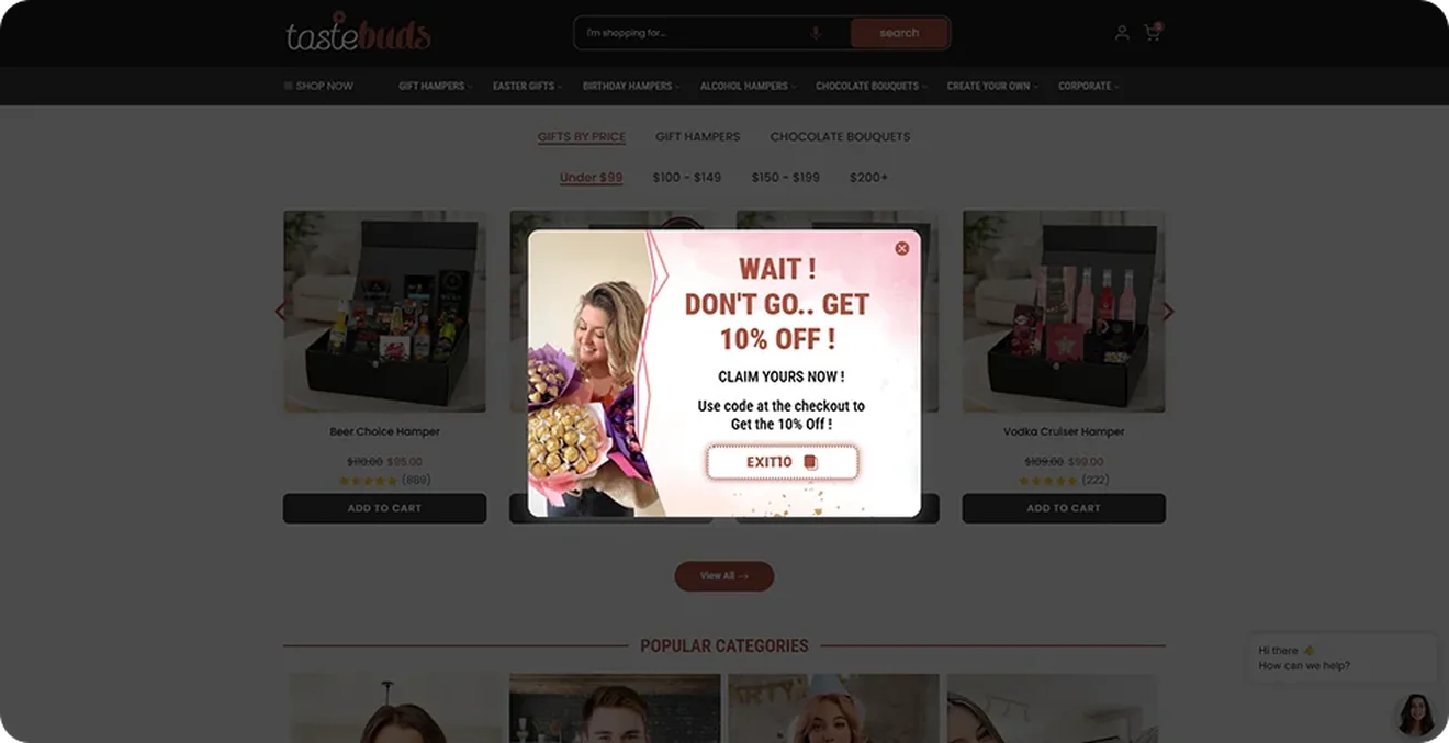 Tastebuds exit-intent popup offering 10% off with a coupon code and a Claim Now button
