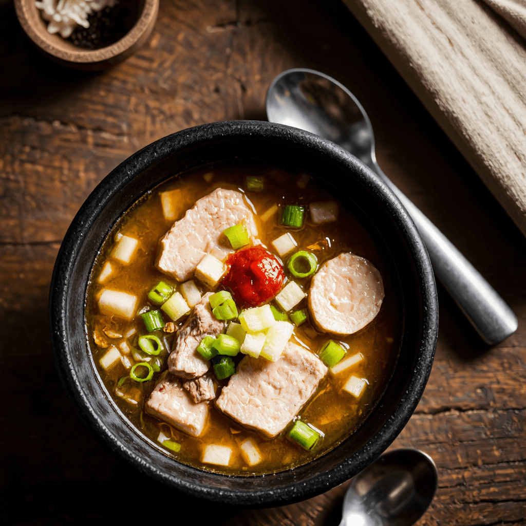 product photography of a bowl of soup with meat and vegetables