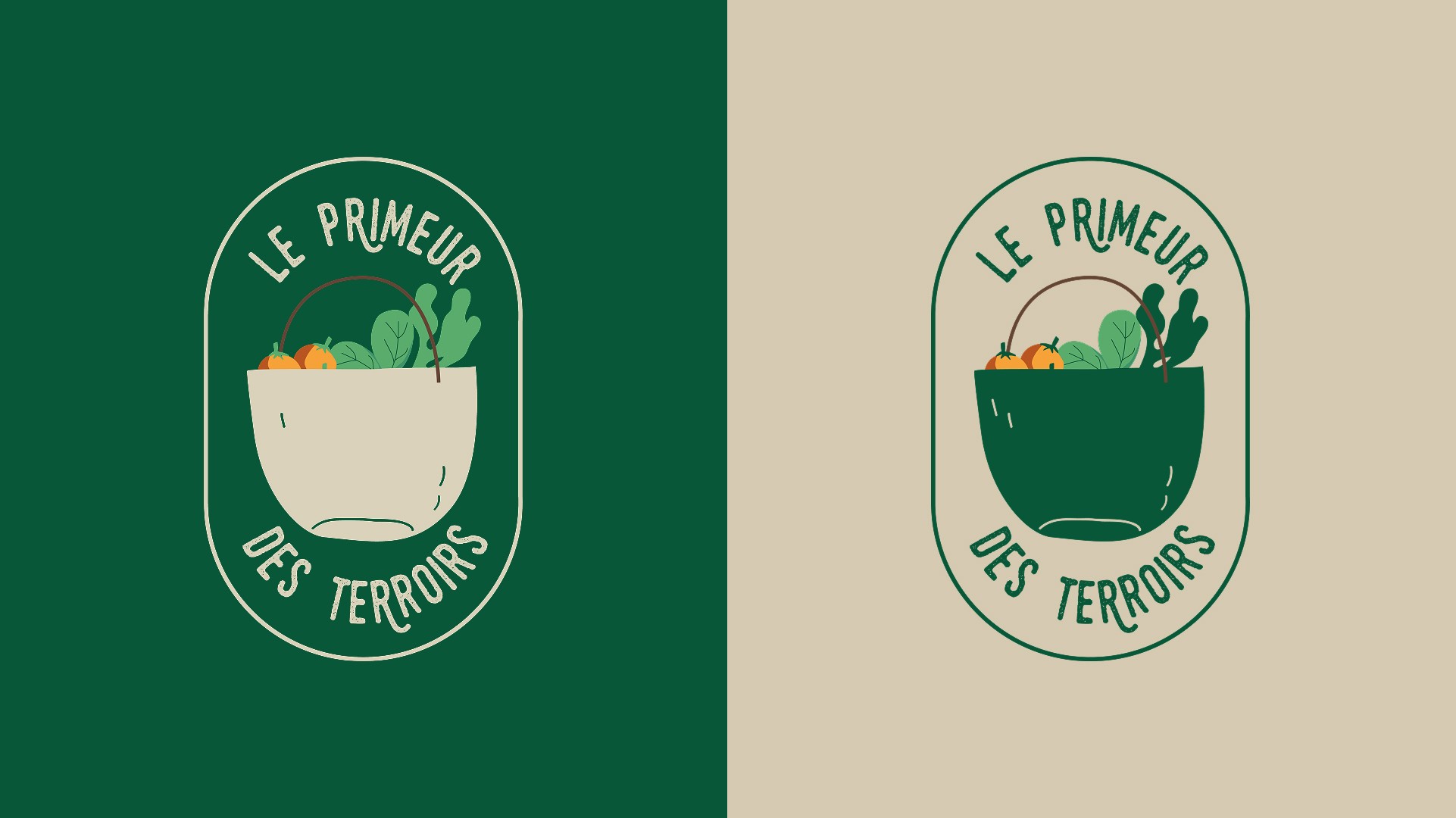 Logo Le Primeur des Terroirs avec panier illustré de fruits et légumes, décliné sur fond vert foncé et fond beige pour l’identité visuelle du primeur.