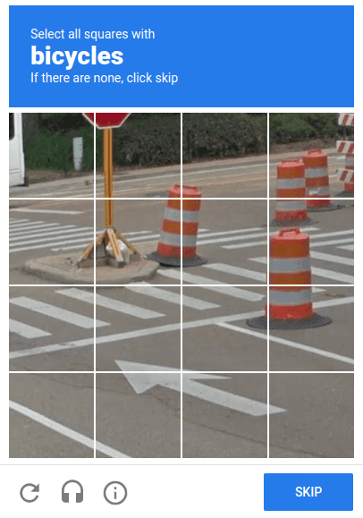 Google reCAPTCHA image verification with traffic scene