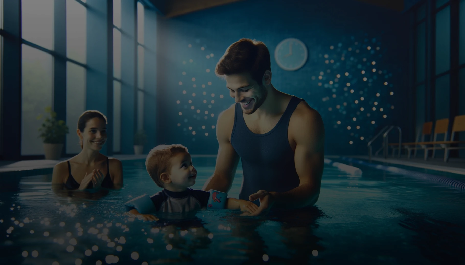 Une scène de piscine intérieure spacieuse et accueillante. La scène inclut un instructeur de natation masculin enseignant à un jeune enfant, avec la mère de l'enfant qui observe attentivement depuis le côté. L'environnement est baigné d'une lumière bleue douce et apaisante, créant une atmosphère joyeuse et sécurisante. L'enfant, portant des brassards colorés et un bonnet de bain, suit attentivement les conseils de l'instructeur