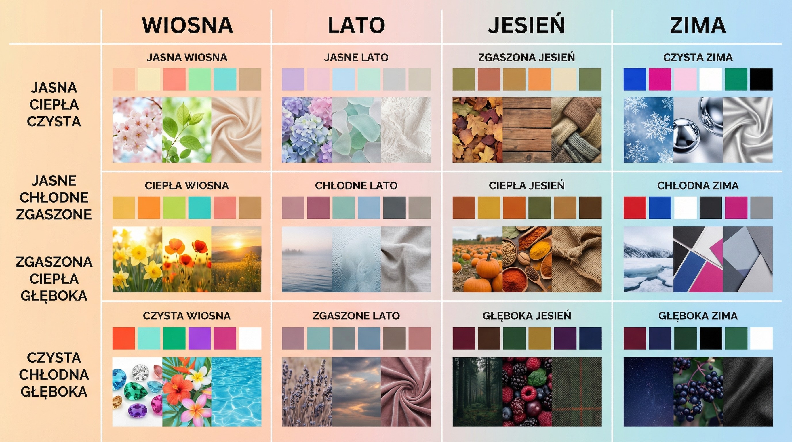 12 typów kolorystycznych - infografika wiosna lato jesień zima z podtypami"