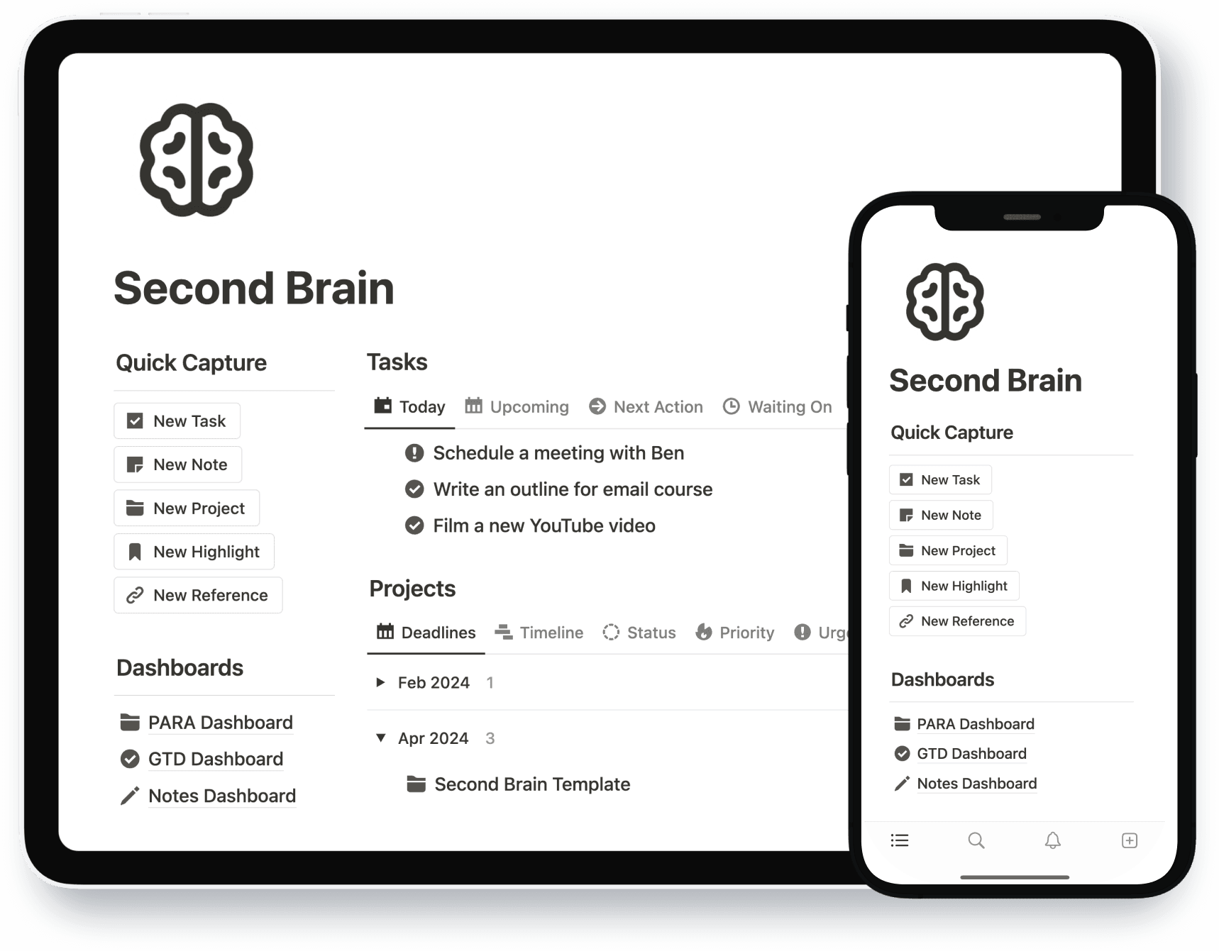 Laptop screen showing second brain template