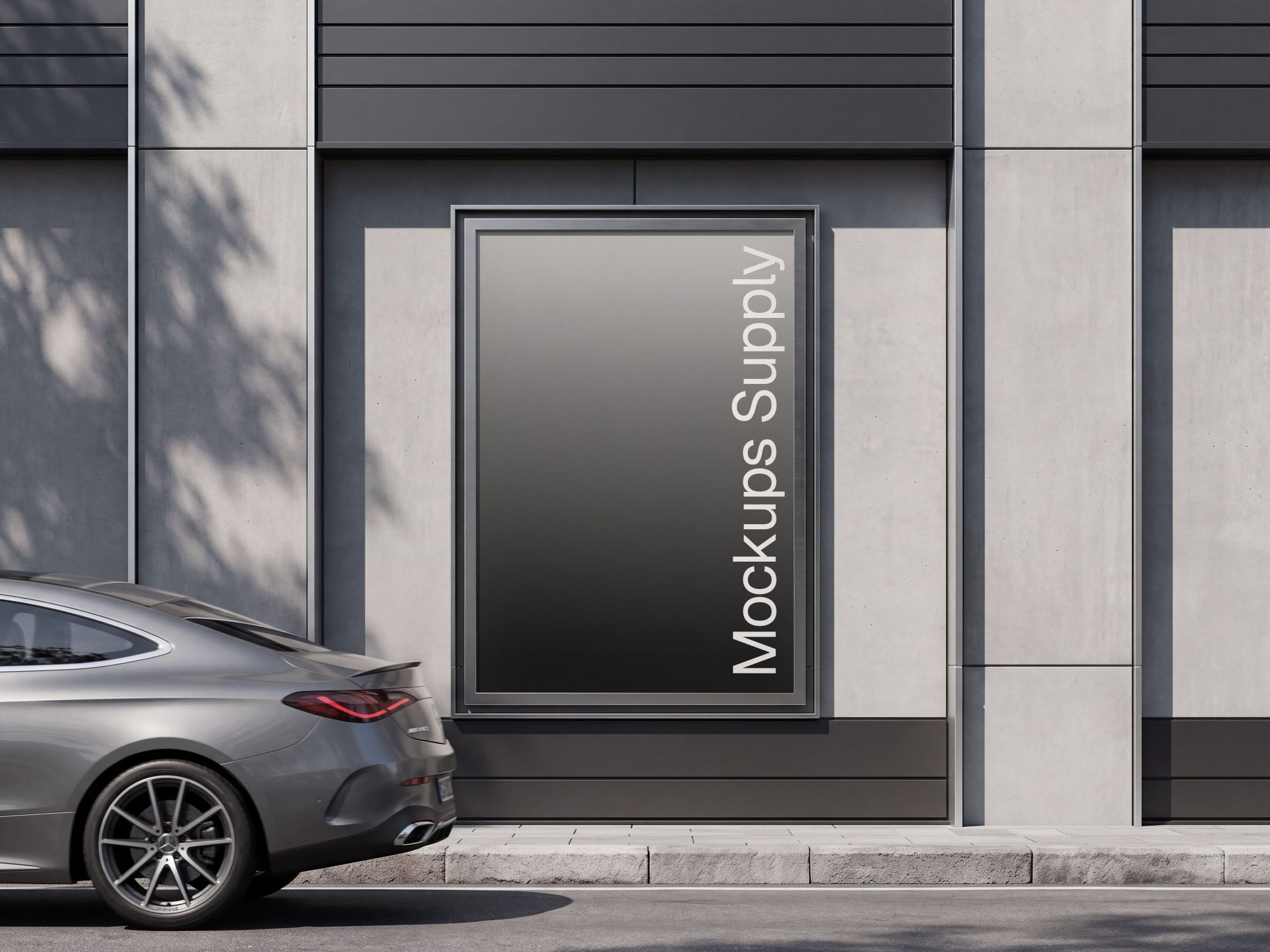 Fashion advertising poster mockup in vertical format on a modern stone facade with a coupe at curbside