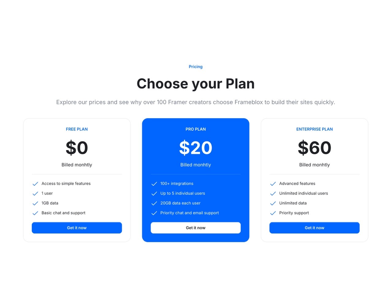 Framer Pricing Section - Frameblox UI