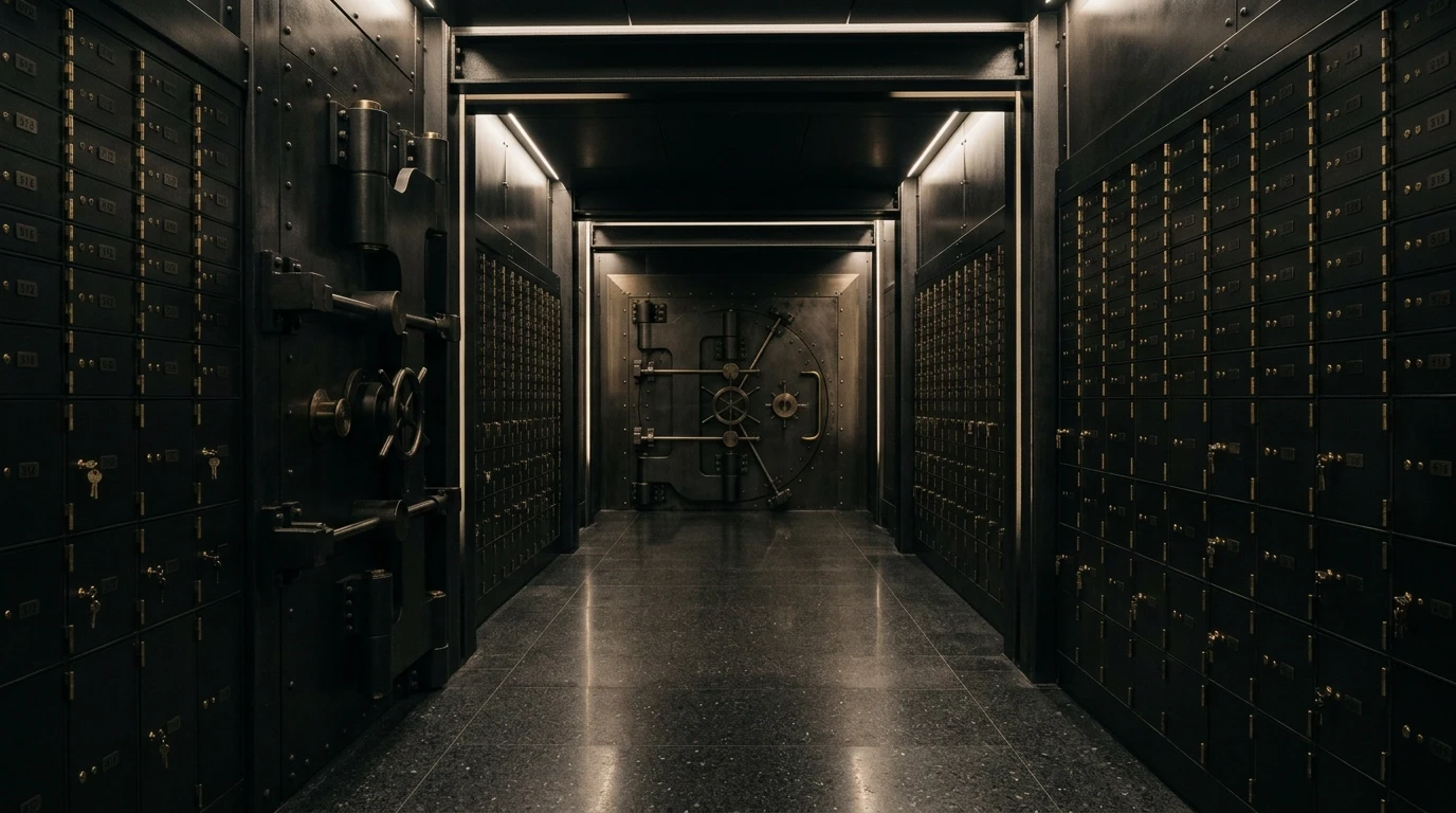 Bank vault interior with steel doors.