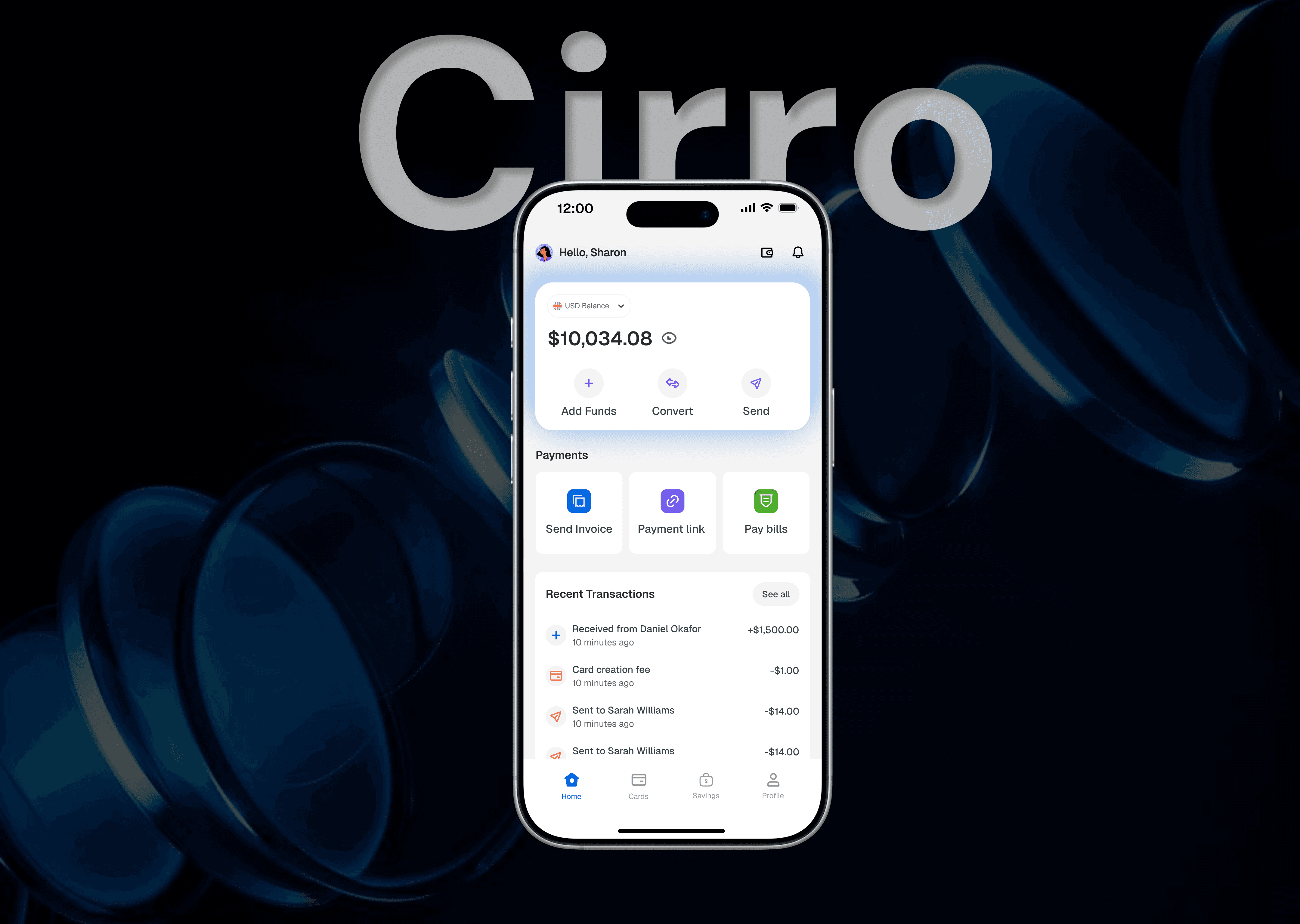 Cirro app interface showcasing modern mobile payment and virtual card designs.