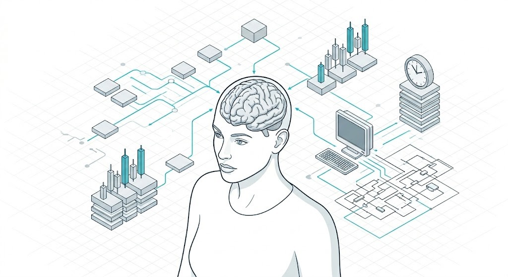 person with brain and pathways coming off of it in many directions a clock in the background