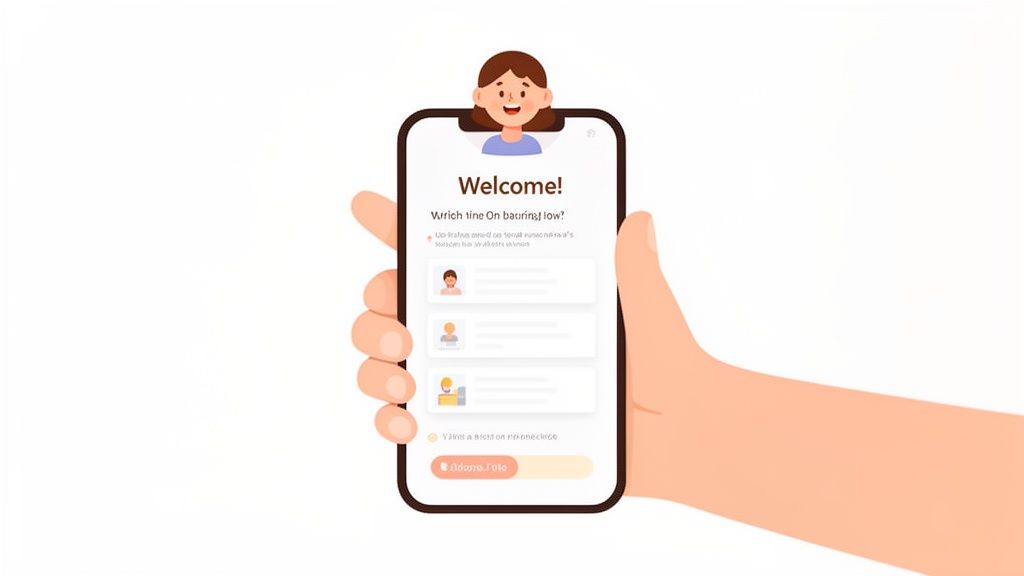 A cartoon hand holds a smartphone displaying a 'Welcome!' screen with user profiles and a button.