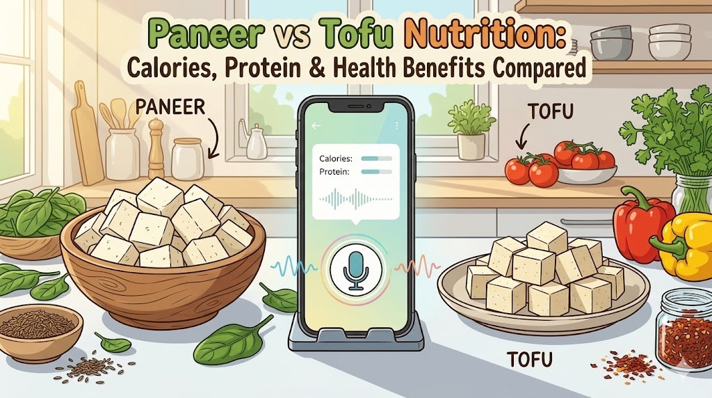 An infographic comparing the nutrition of Paneer and Tofu. It features a wooden bowl of paneer cubes, a plate of tofu cubes, and a smartphone displaying calories and protein data using AI-powered voice recognition.