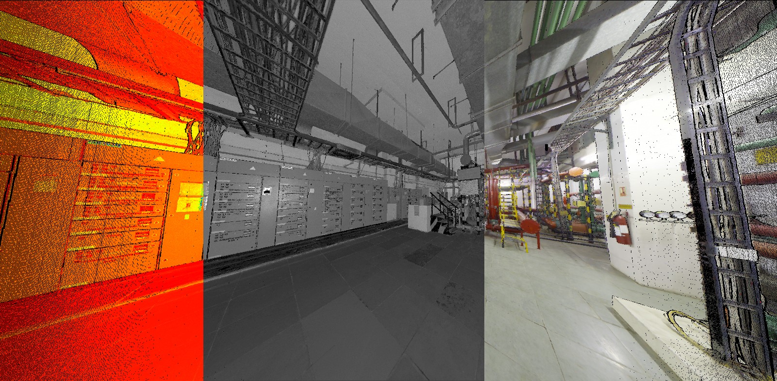 A man stands while two people sit at a table in an office setting, smiling and engaged in conversation. The mood is friendly and collaborative.